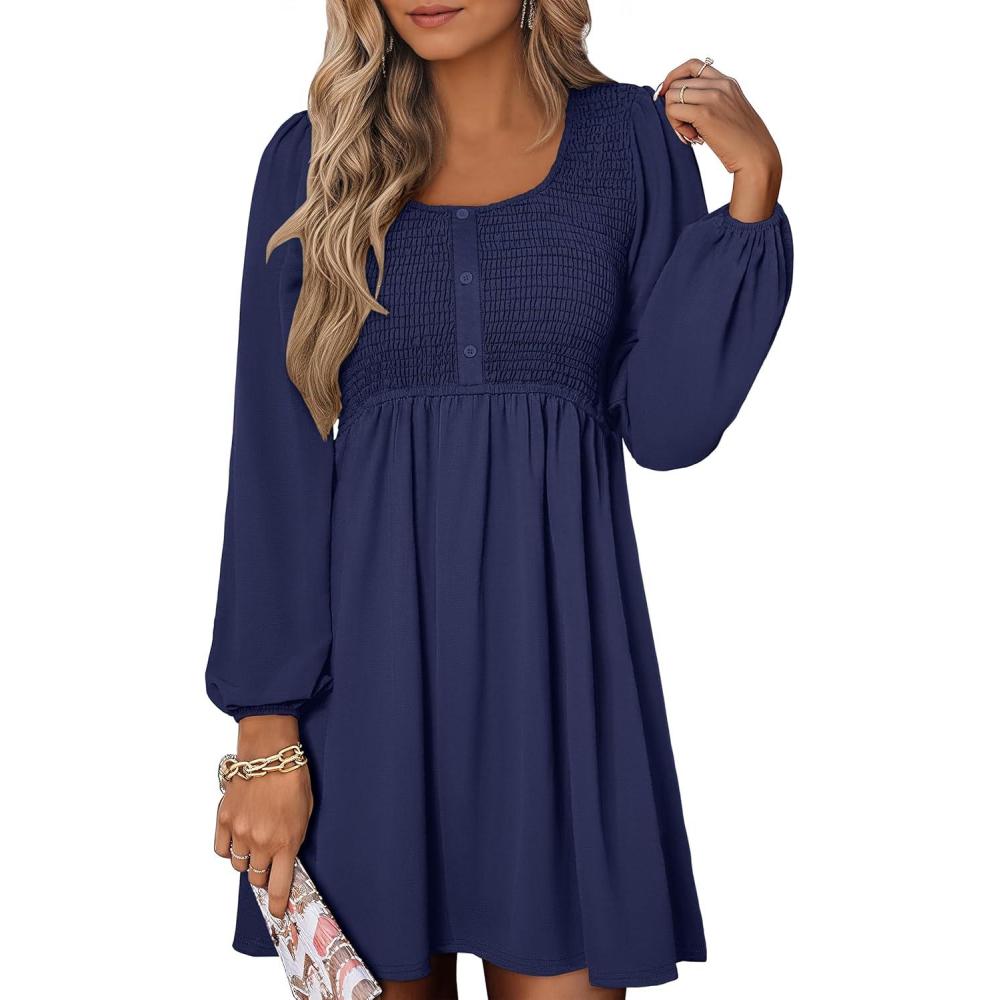 imageANRABESS Womens Long Lantern Sleeve Dresses 2025 Fall Casual Smocked ALine High Waist Flowy Short Dress with Pockets TrendyBlack Blue