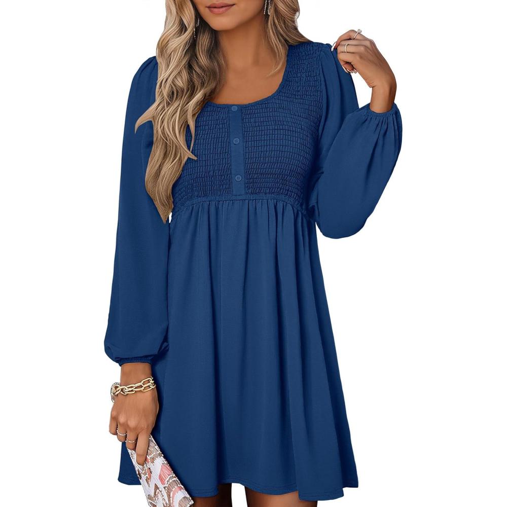 imageANRABESS Womens Long Lantern Sleeve Dresses 2025 Fall Casual Smocked ALine High Waist Flowy Short Dress with Pockets TrendyDark Blue