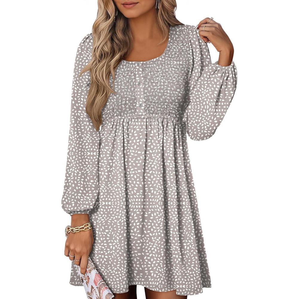 imageANRABESS Womens Long Lantern Sleeve Dresses 2025 Fall Casual Smocked ALine High Waist Flowy Short Dress with Pockets TrendyKhaki Polka Dot