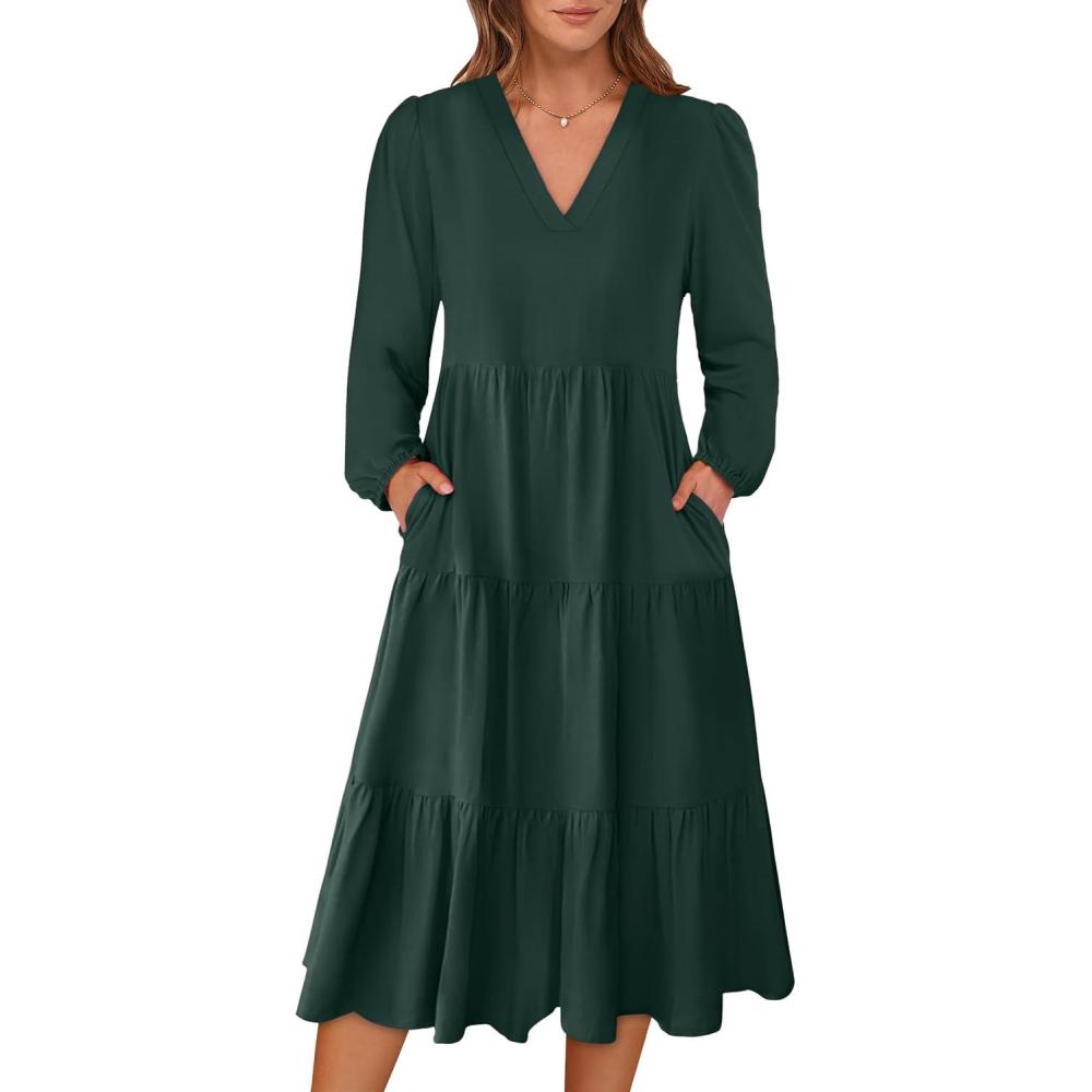 imageANRABESS Womens Long Lantern Sleeve Floral Midi Dresses 2025 Fall V Neck Casual Flowy Aline Tiered Boho Vacation Long DressDark Green