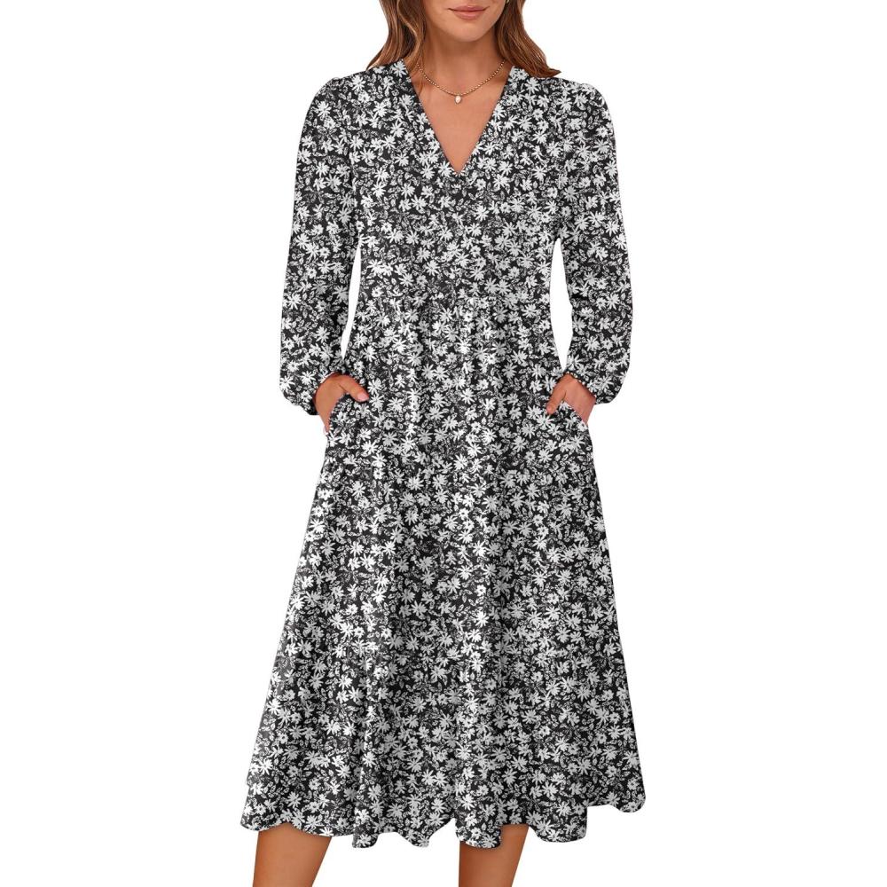 imageANRABESS Womens Long Lantern Sleeve Floral Midi Dresses 2025 Fall V Neck Casual Flowy Aline Tiered Boho Vacation Long DressFloral Black