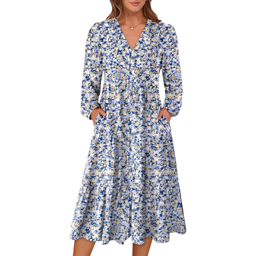imageANRABESS Womens Long Lantern Sleeve Floral Midi Dresses 2025 Fall V Neck Casual Flowy Aline Tiered Boho Vacation Long DressFloral Blue Yellow