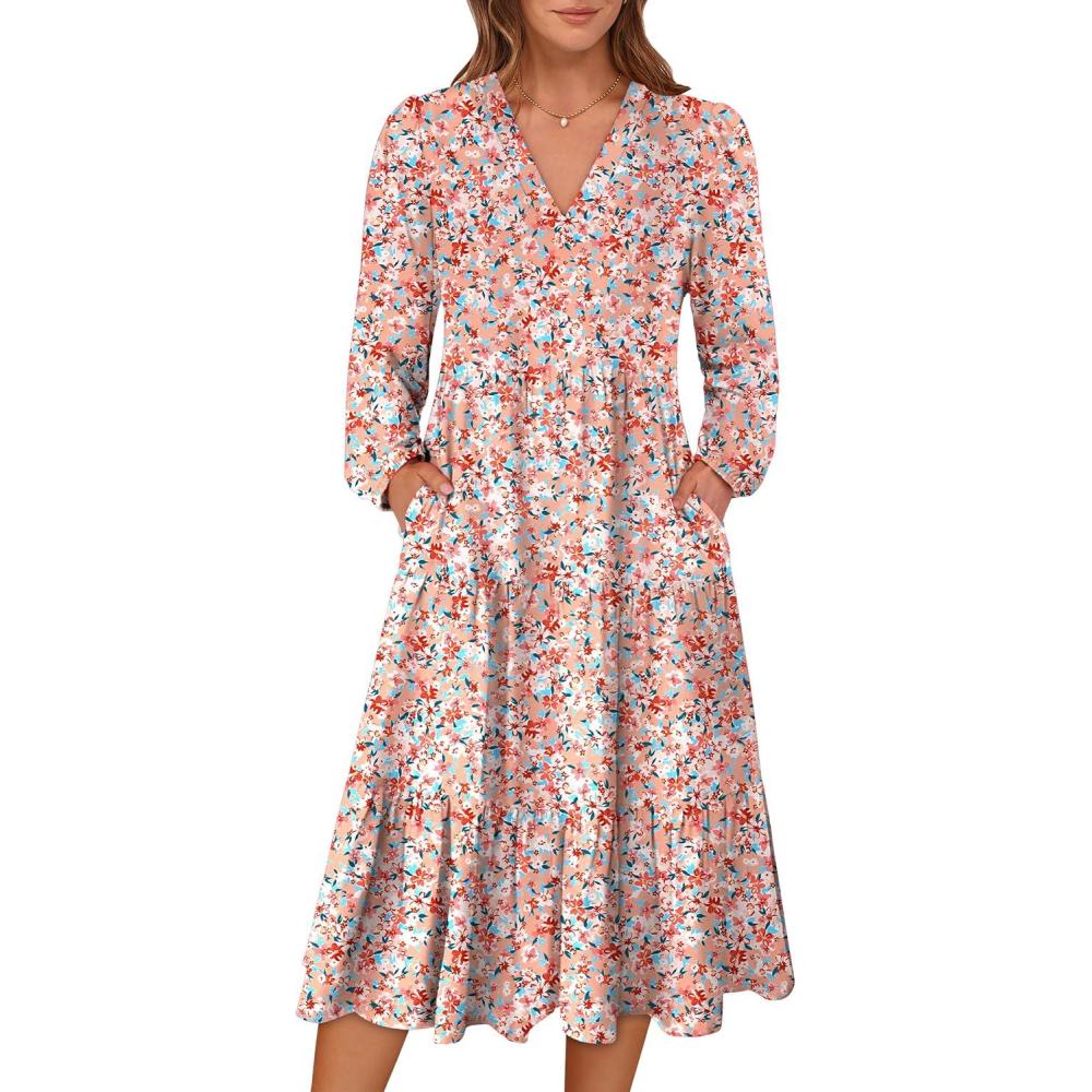 imageANRABESS Womens Long Lantern Sleeve Floral Midi Dresses 2025 Fall V Neck Casual Flowy Aline Tiered Boho Vacation Long DressFloral Pink