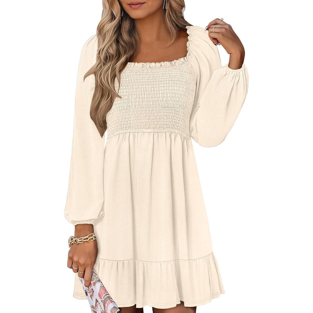 imageANRABESS Womens Long Lantern Sleeve Square Neck Dress Smocked Tiered High Waist Ruffle Flowy Swing 2025 Fall Short DressesBeige