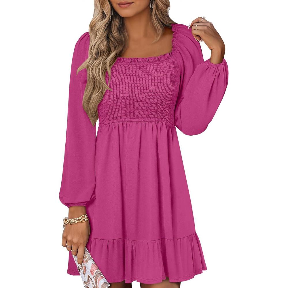 imageANRABESS Womens Long Lantern Sleeve Square Neck Dress Smocked Tiered High Waist Ruffle Flowy Swing 2025 Fall Short DressesHot Pink