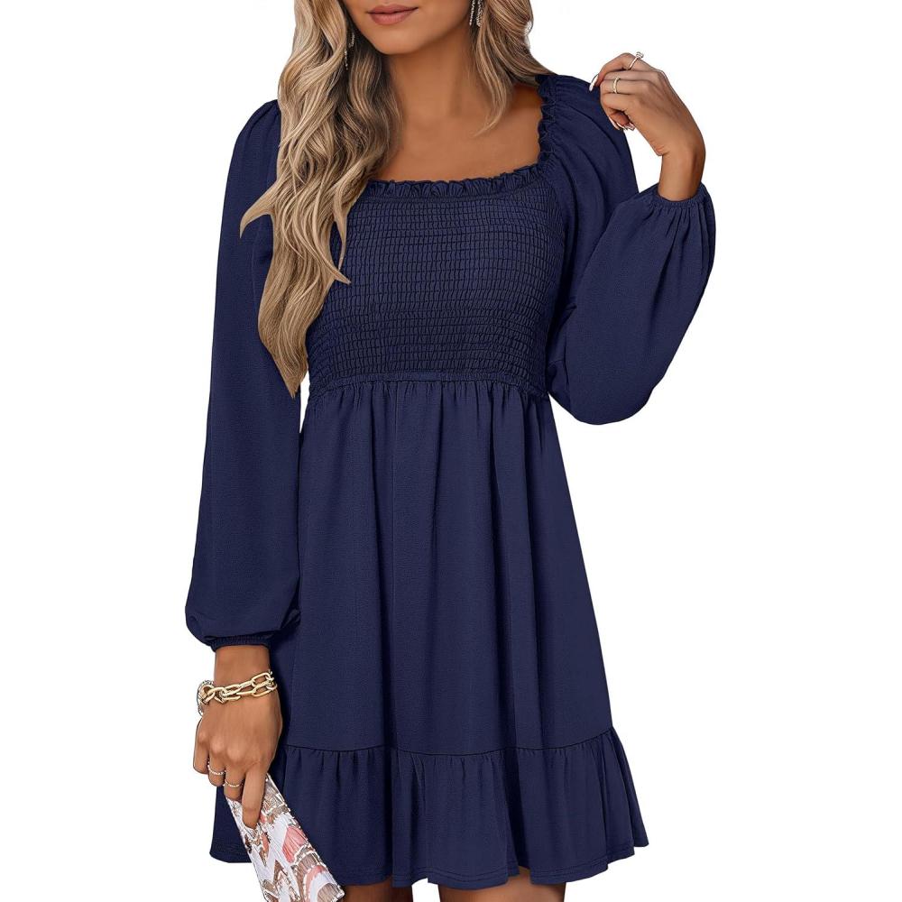 imageANRABESS Womens Long Lantern Sleeve Square Neck Dress Smocked Tiered High Waist Ruffle Flowy Swing 2025 Fall Short DressesNavy Blue