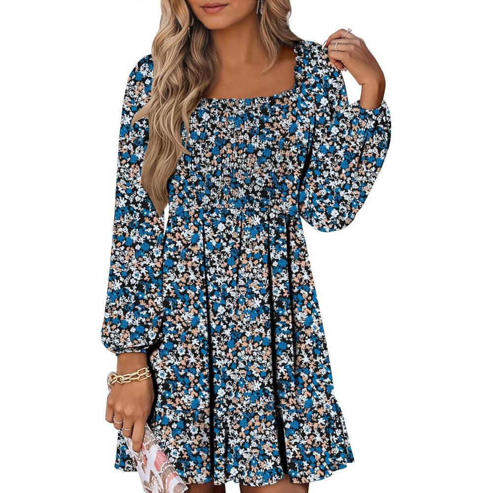 imageANRABESS Womens Long Lantern Sleeve Square Neck Dress Smocked Tiered High Waist Ruffle Flowy Swing 2025 Fall Short DressesPrint Blue White