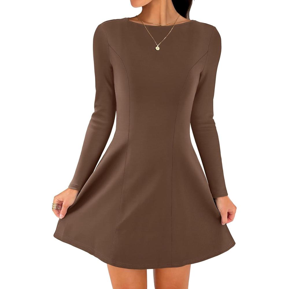 imageANRABESS Womens Long Sleeve ALine Mini Dress 2025 Fall Boat Neck Semi Formal Fit and Flare Casual Business Short DressesBrown