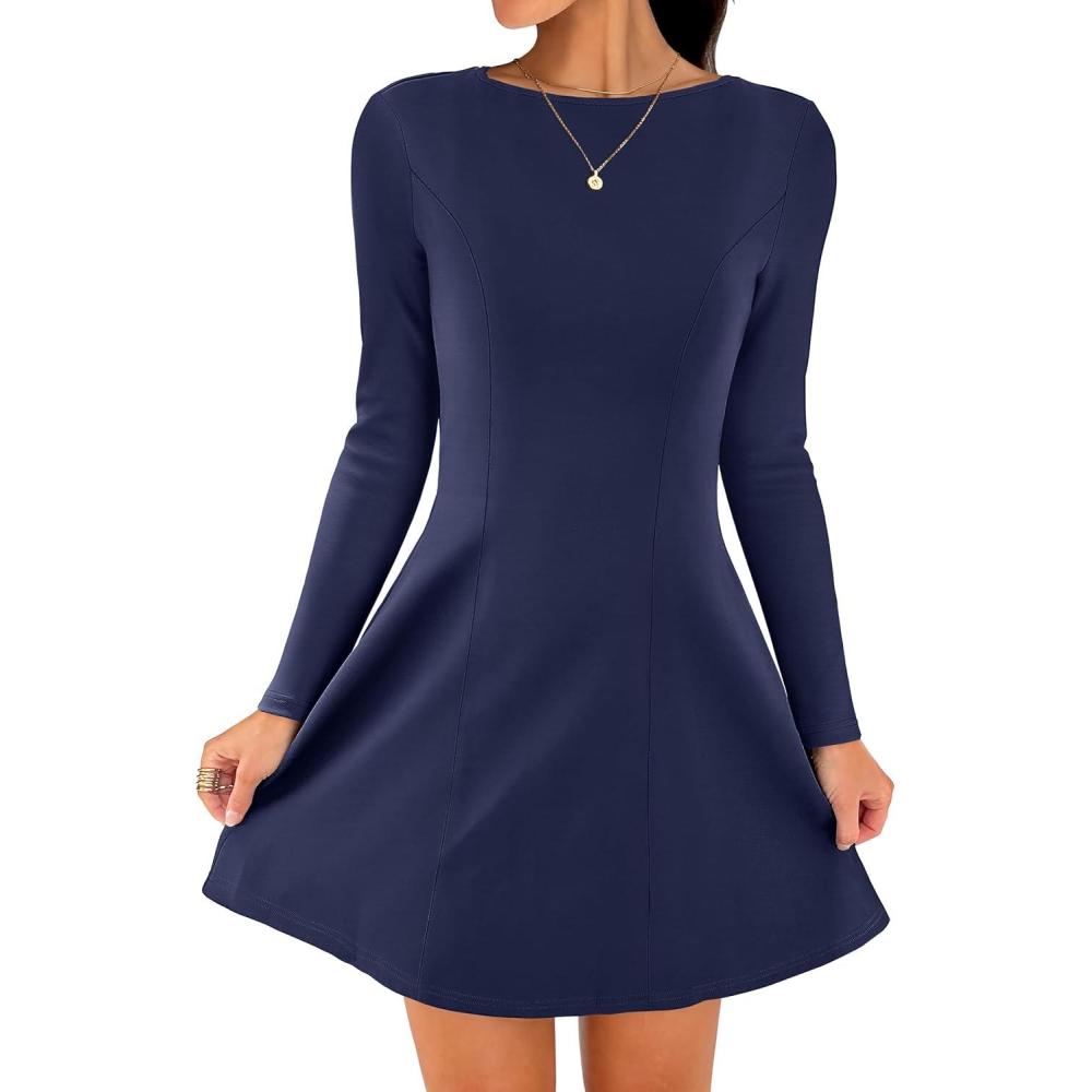 imageANRABESS Womens Long Sleeve ALine Mini Dress 2025 Fall Boat Neck Semi Formal Fit and Flare Casual Business Short DressesNavy Blue