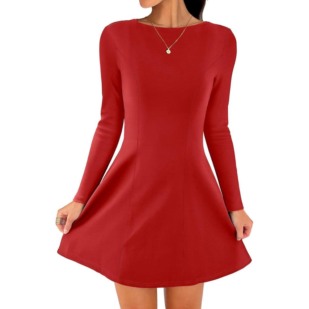 imageANRABESS Womens Long Sleeve ALine Mini Dress 2025 Fall Boat Neck Semi Formal Fit and Flare Casual Business Short DressesRed