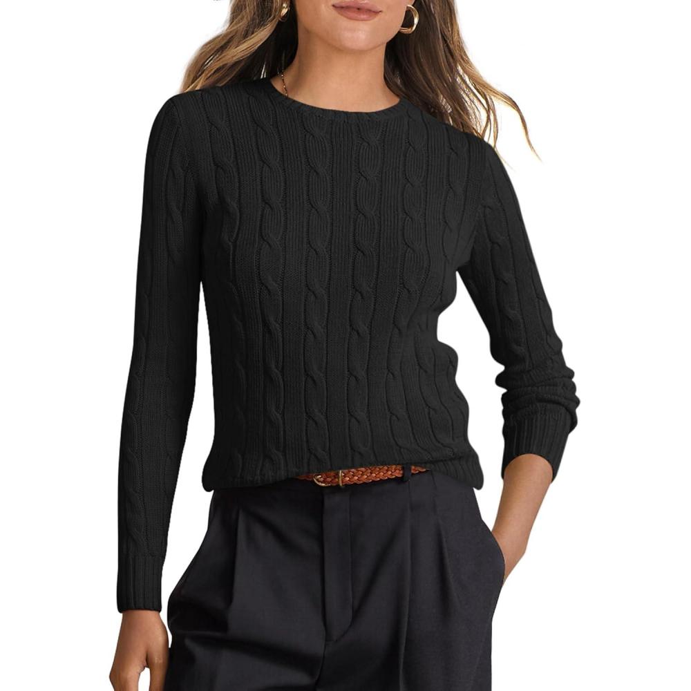 imageANRABESS Womens Long Sleeve Cable Knit Sweater Jumper Crewneck Pullover Soft Dressy Casual Tops Cute 2025 Fall Trendy OutfitsBlack