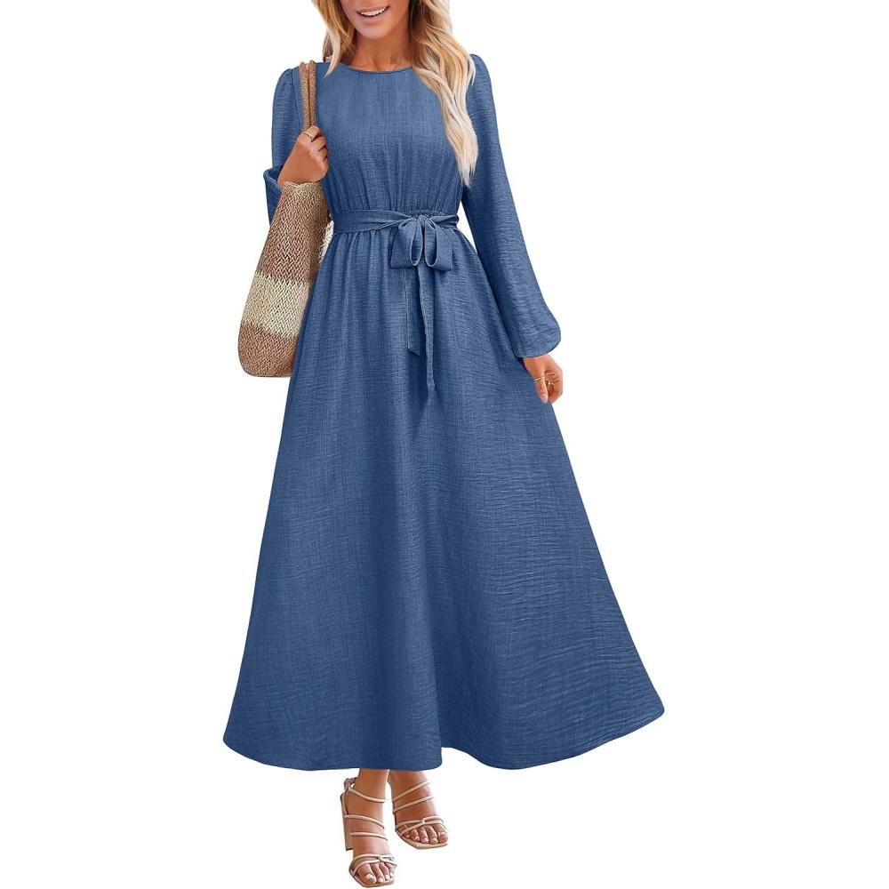 imageANRABESS Womens Long Sleeve Dress 2025 Fall Casual Empire Waist ALine Flowy Maxi Dresses with Pockets Vacation OutfitsBlue