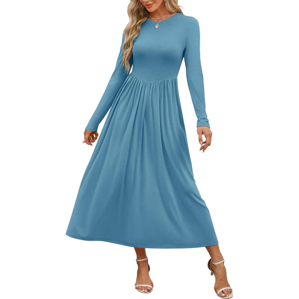 imageANRABESS Womens Long Sleeve Elegant Modest Drop Waist Maxi Dress 2025 Fall Casual Flowy Pleated Long Dresses with PocketsLake Green