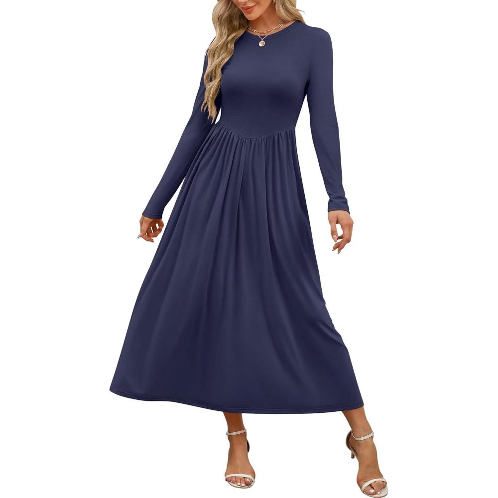 imageANRABESS Womens Long Sleeve Elegant Modest Drop Waist Maxi Dress 2025 Fall Casual Flowy Pleated Long Dresses with PocketsNavy Blue