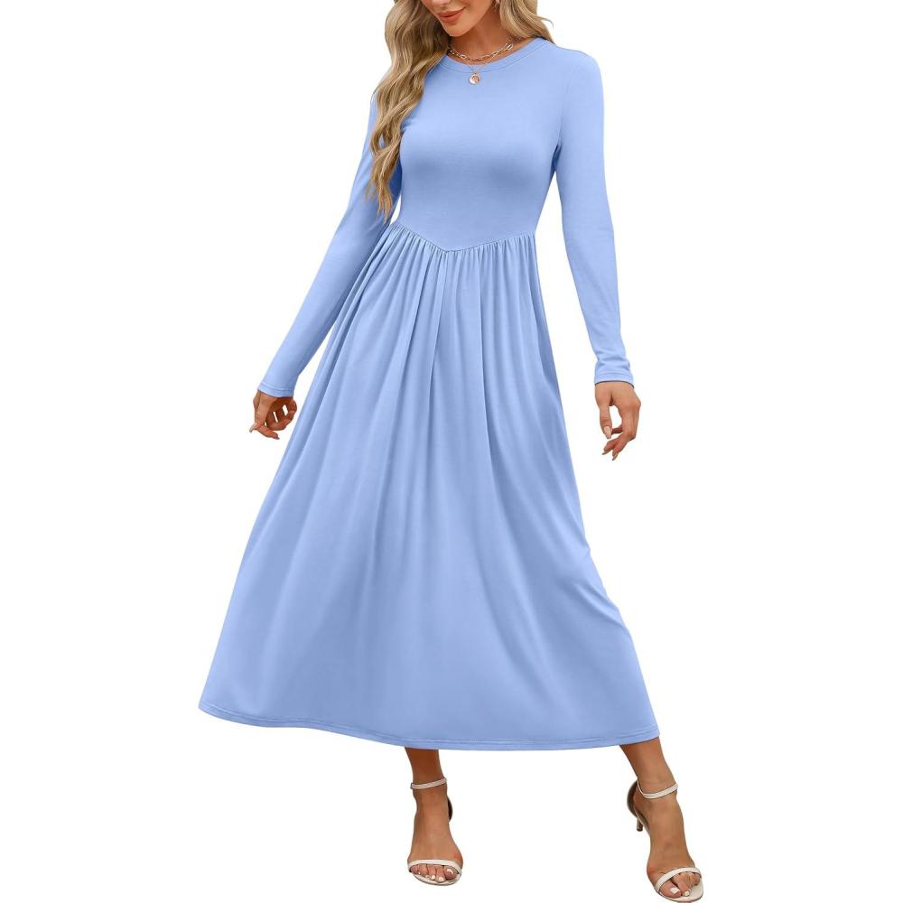 imageANRABESS Womens Long Sleeve Elegant Modest Drop Waist Maxi Dress 2025 Fall Casual Flowy Pleated Long Dresses with PocketsSky Blue