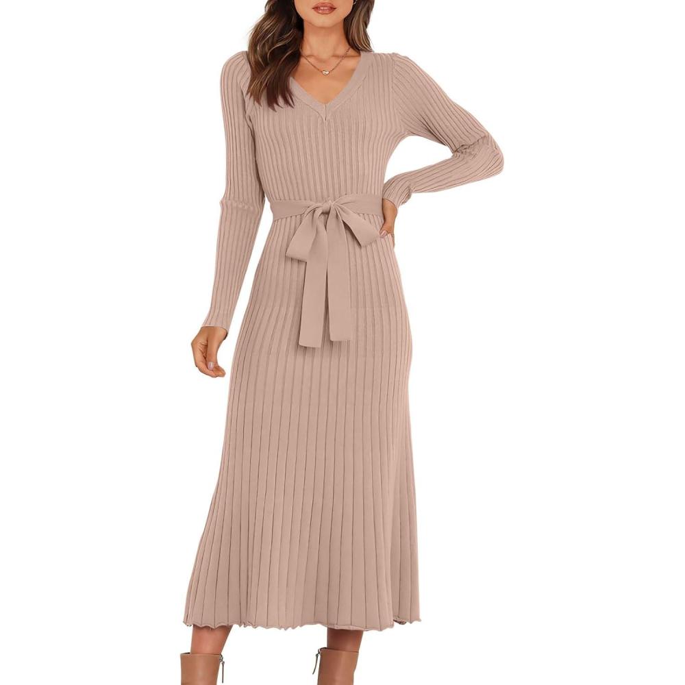 imageANRABESS Womens Long Sleeve Fall Dress 2025 V Neck Aline Tie Waist Ribbed Knit Bodycon Midi Sweater DressesAlmond