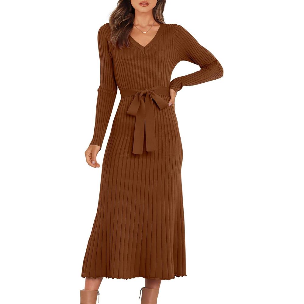 imageANRABESS Womens Long Sleeve Fall Dress 2025 V Neck Aline Tie Waist Ribbed Knit Bodycon Midi Sweater DressesCaramel