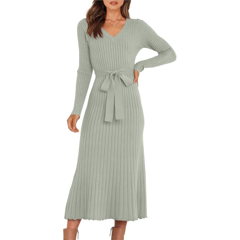 imageANRABESS Womens Long Sleeve Fall Dress 2025 V Neck Aline Tie Waist Ribbed Knit Bodycon Midi Sweater DressesGreen