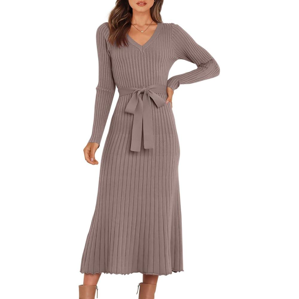 imageANRABESS Womens Long Sleeve Fall Dress 2025 V Neck Aline Tie Waist Ribbed Knit Bodycon Midi Sweater DressesPink Almond