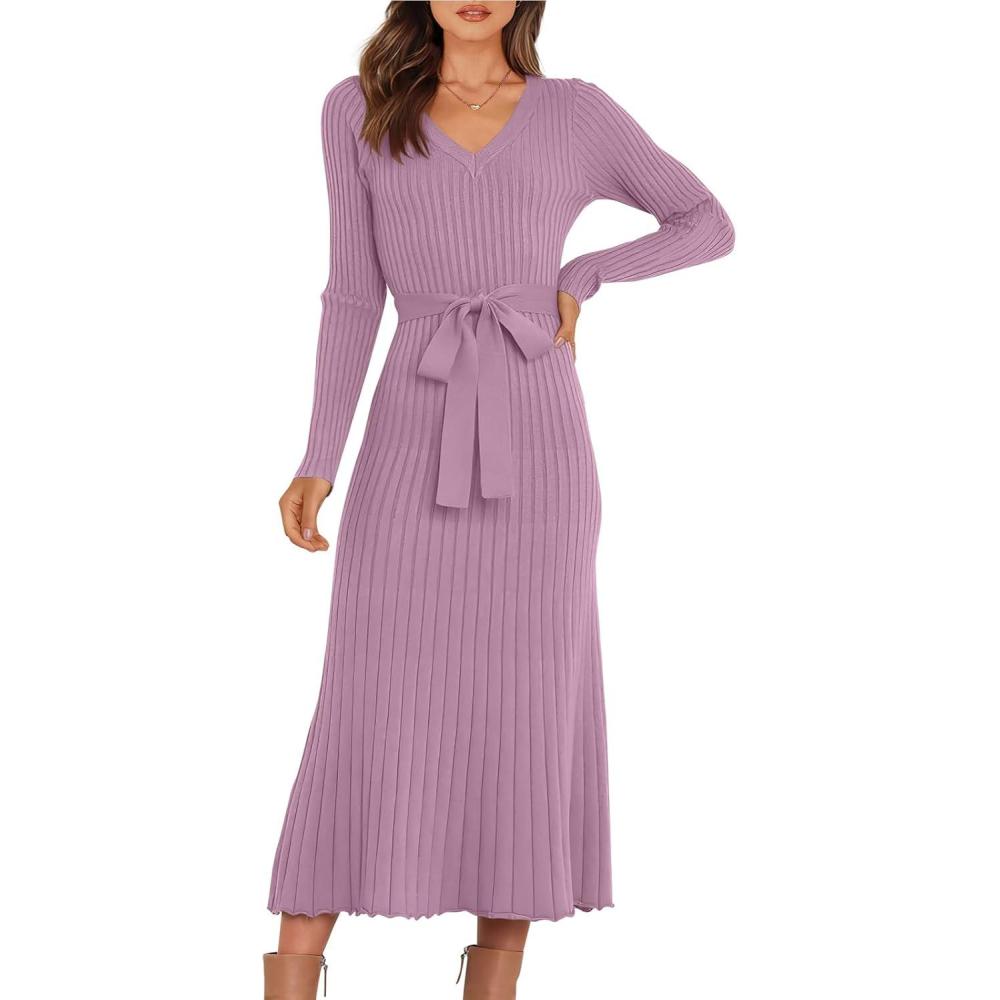 imageANRABESS Womens Long Sleeve Fall Dress 2025 V Neck Aline Tie Waist Ribbed Knit Bodycon Midi Sweater DressesViolet