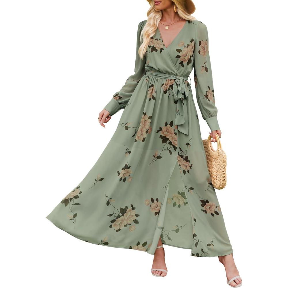imageANRABESS Womens Long Sleeve Floral Maxi Dress Boho Flowy Wrap Slit V Neck Beach Fall Wedding Guest Party Vacation Dresses Floral Green XLarge