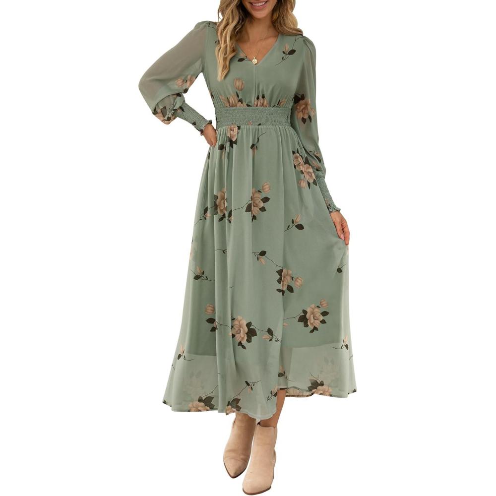 imageANRABESS Womens Long Sleeve Floral Maxi Dress Casual V Neck Chiffon Boho Flowy Beach Fall Wedding Guest Party Long DressesFloral Green