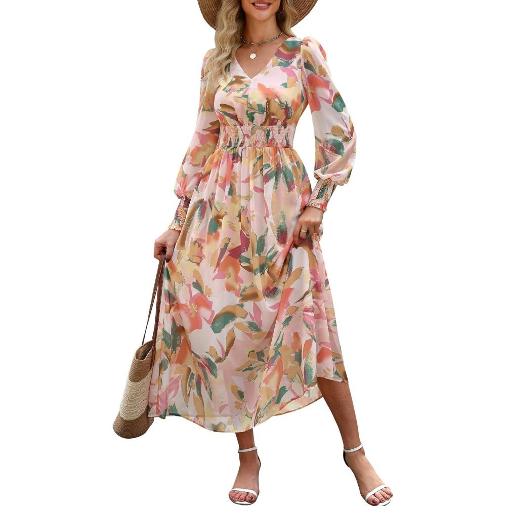 imageANRABESS Womens Long Sleeve Floral Maxi Dress Casual V Neck Chiffon Boho Flowy Beach Fall Wedding Guest Party Long DressesFloral Orange