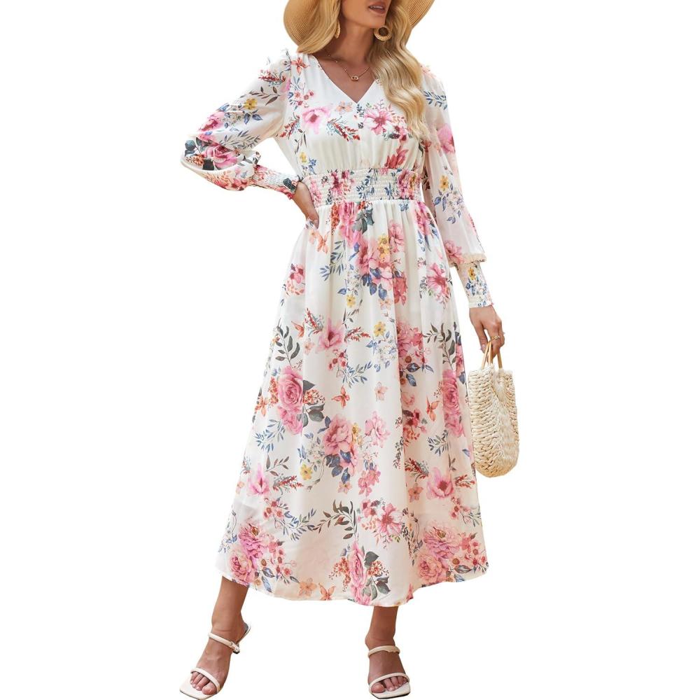 imageANRABESS Womens Long Sleeve Floral Maxi Dress Casual V Neck Chiffon Boho Flowy Beach Fall Wedding Guest Party Long DressesFloral Pink