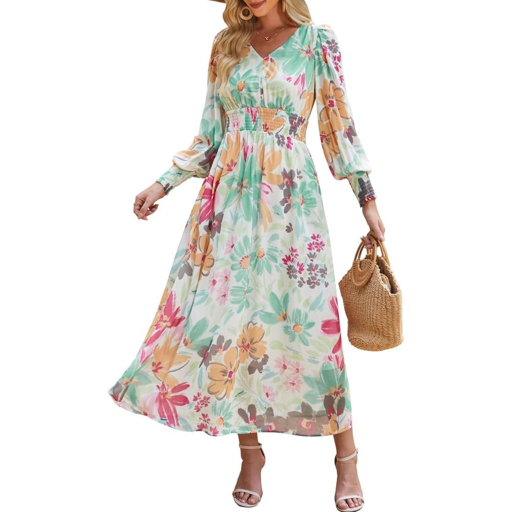 imageANRABESS Womens Long Sleeve Floral Maxi Dress Casual V Neck Chiffon Boho Flowy Beach Fall Wedding Guest Party Long DressesFloral Tropical