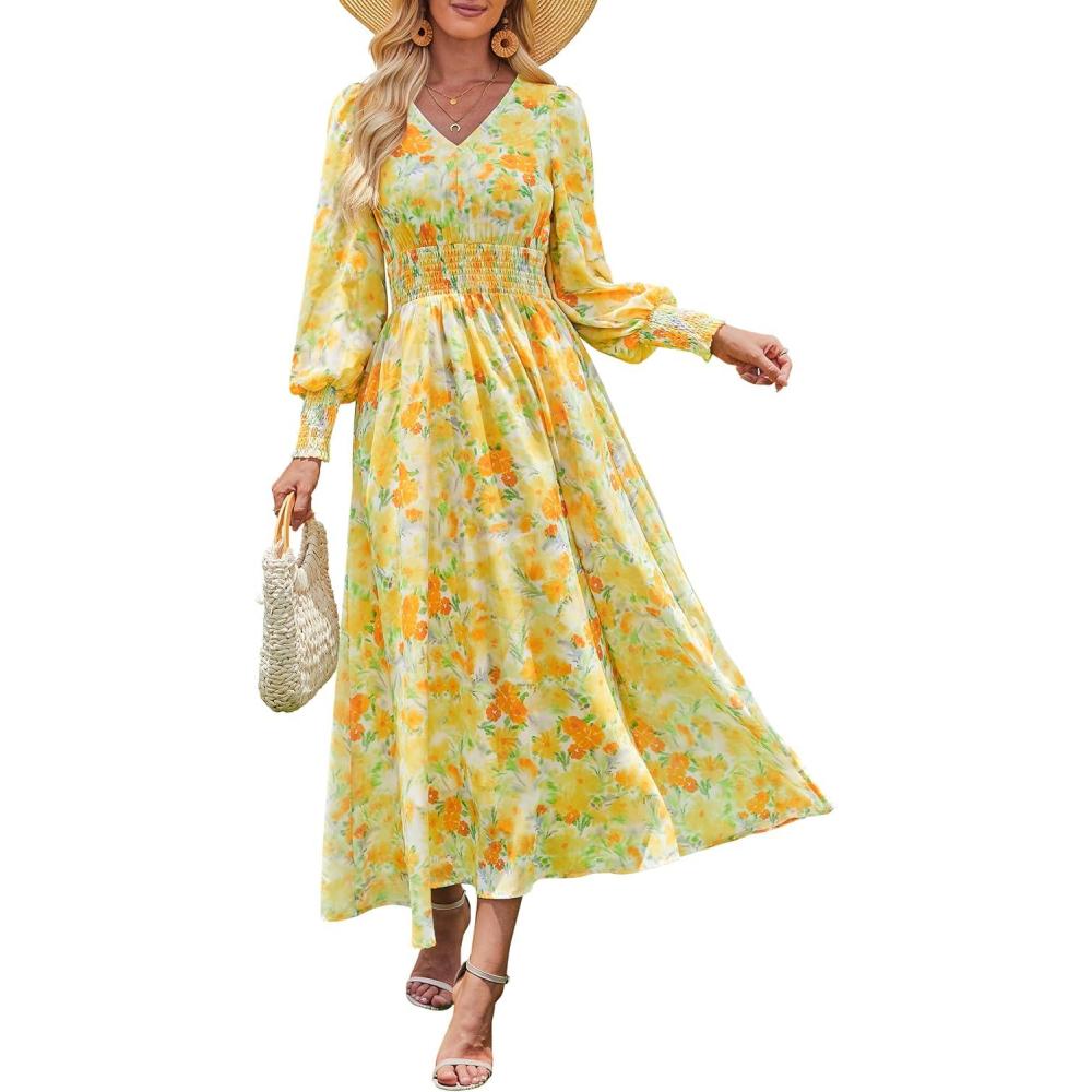 imageANRABESS Womens Long Sleeve Floral Maxi Dress Casual V Neck Chiffon Boho Flowy Beach Fall Wedding Guest Party Long DressesFloral Yellow Orange