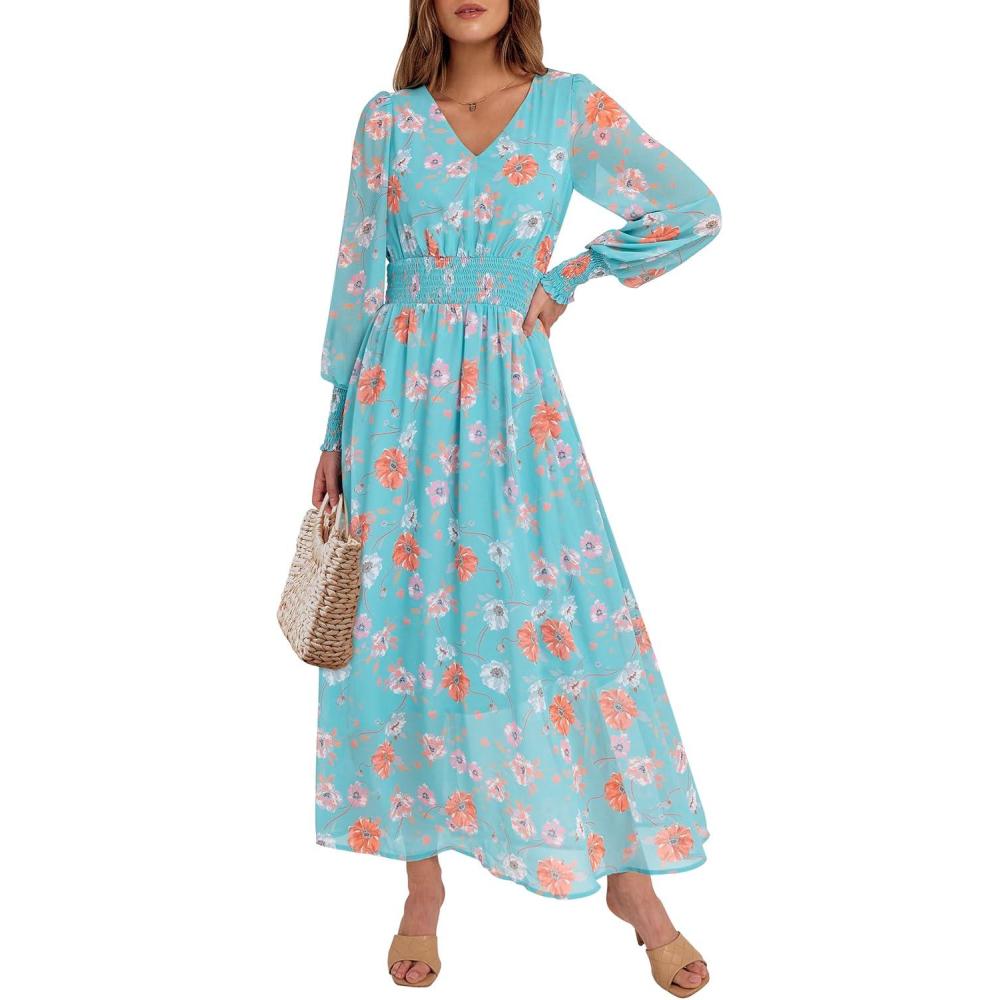 imageANRABESS Womens Long Sleeve Floral Maxi Dress Casual V Neck Chiffon Boho Flowy Beach Fall Wedding Guest Party Long DressesOrange White Floral