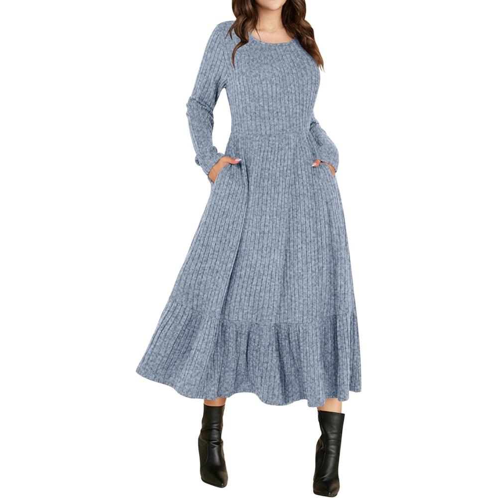 imageANRABESS Womens Long Sleeve Midi Dress 2025 Fall Rib Knit Crew Neck A Line Soft Flowy Swing Dresses with Pocket Casual TrendyBlue