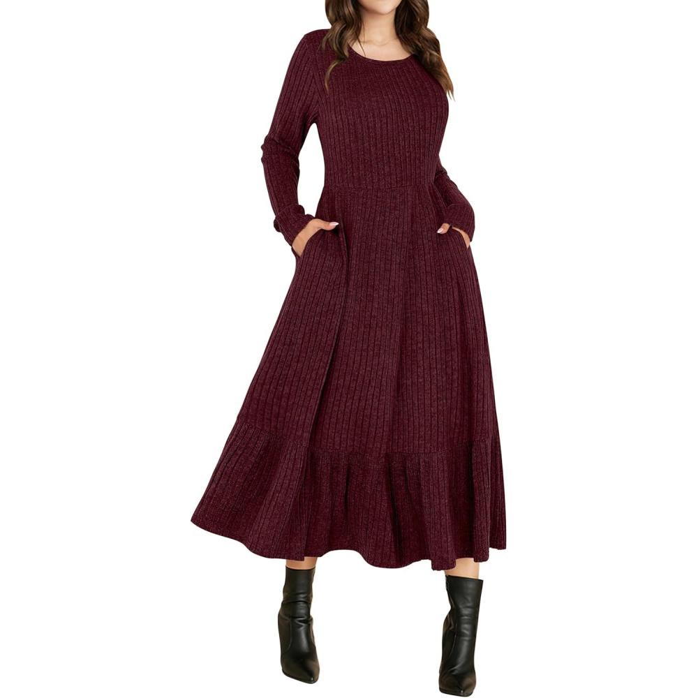 imageANRABESS Womens Long Sleeve Midi Dress 2025 Fall Rib Knit Crew Neck A Line Soft Flowy Swing Dresses with Pocket Casual TrendyBurgundy