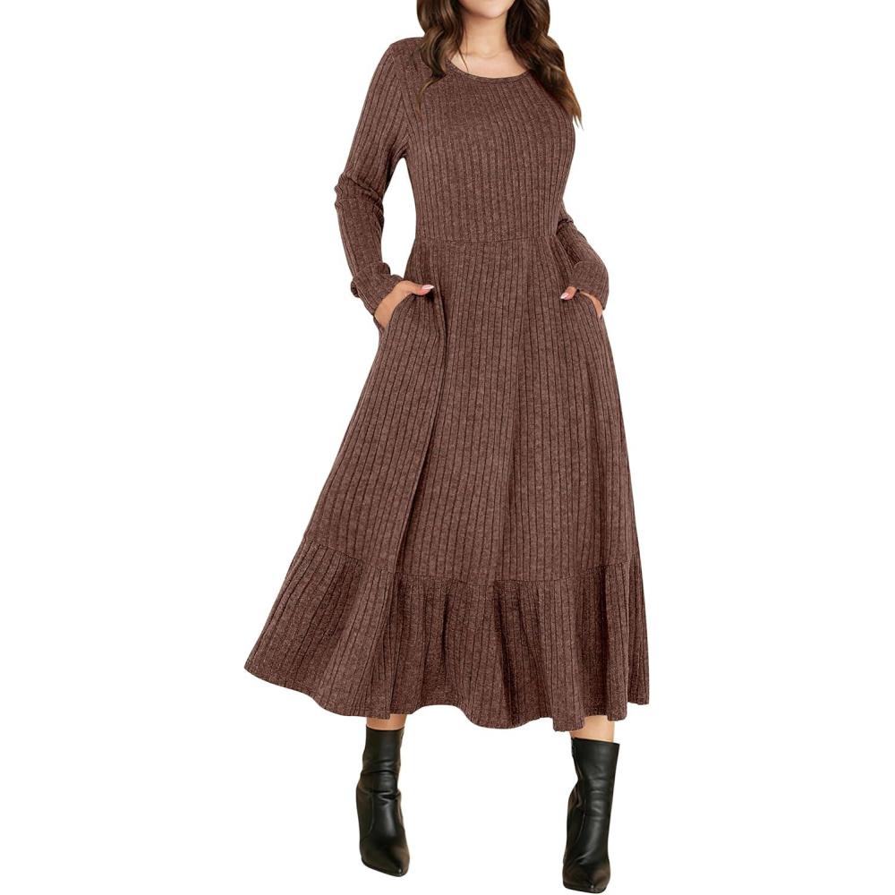 imageANRABESS Womens Long Sleeve Midi Dress 2025 Fall Rib Knit Crew Neck A Line Soft Flowy Swing Dresses with Pocket Casual TrendyDark Brown