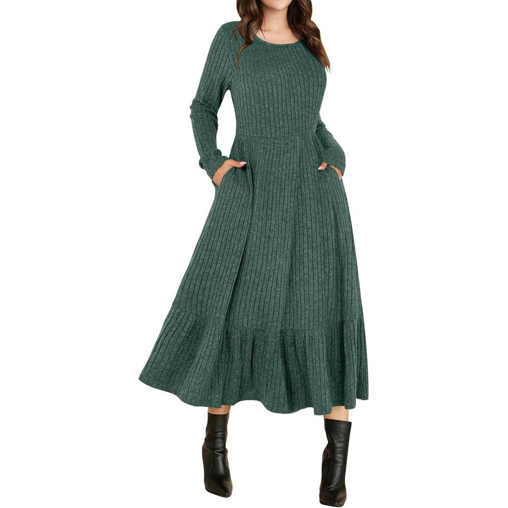 imageANRABESS Womens Long Sleeve Midi Dress 2025 Fall Rib Knit Crew Neck A Line Soft Flowy Swing Dresses with Pocket Casual TrendyGreen