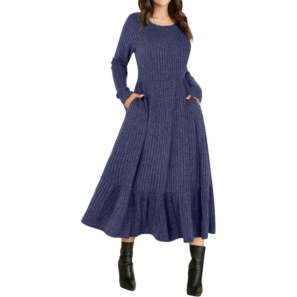 imageANRABESS Womens Long Sleeve Midi Dress 2025 Fall Rib Knit Crew Neck A Line Soft Flowy Swing Dresses with Pocket Casual TrendyNavy Blue