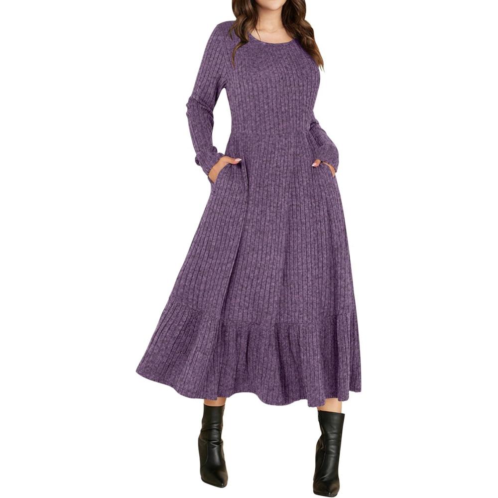 imageANRABESS Womens Long Sleeve Midi Dress 2025 Fall Rib Knit Crew Neck A Line Soft Flowy Swing Dresses with Pocket Casual TrendyPurple
