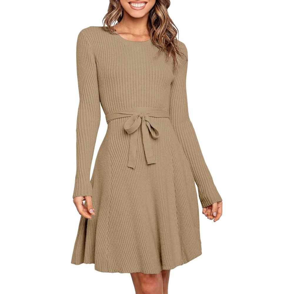 imageANRABESS Womens Long Sleeve Midi Dress Crewneck Tie Waist ALine Swing Casual Bodycon Ribbed Knit 2025 Fall Sweater DressKhaki