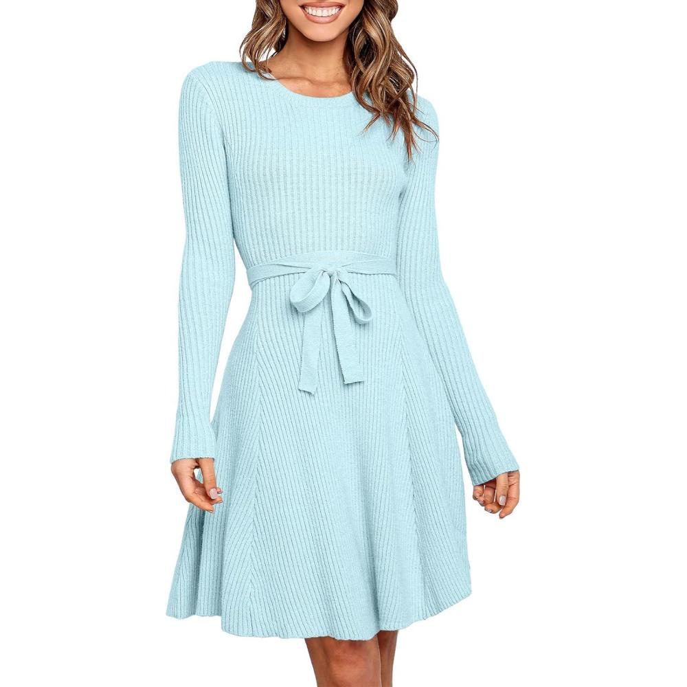 imageANRABESS Womens Long Sleeve Midi Dress Crewneck Tie Waist ALine Swing Casual Bodycon Ribbed Knit 2025 Fall Sweater DressLight Blue
