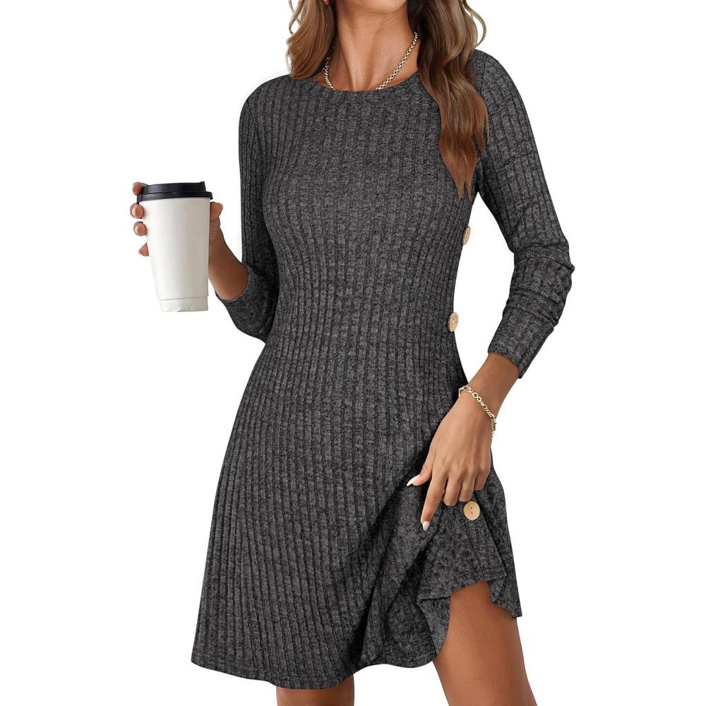 imageANRABESS Womens Long Sleeve Ribbed Knit Sweater Dresses 2025 Fall Winter Casual Lounge Short Tunic Dress with Pockets ButtonsDark Grey