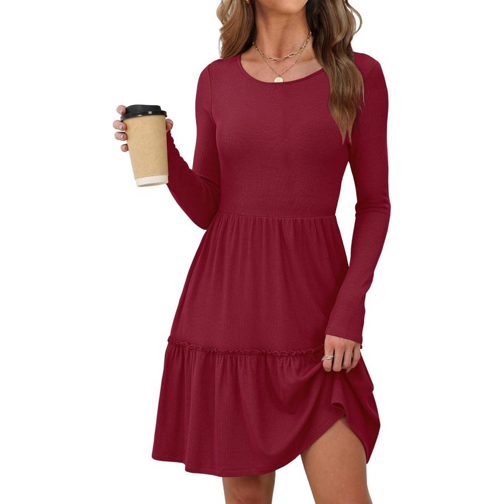 imageANRABESS Womens Long Sleeve Ribbed Short Dresses 2025 Fall Knit A Line Flowy Tiered Casual Mini Sweater Dress with PocketsDark Red
