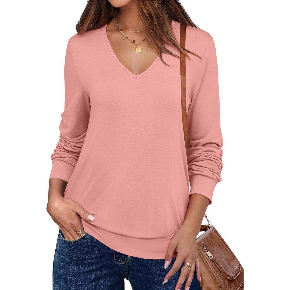imageANRABESS Womens Long Sleeve Shirts Casual Loose V Neck Basic Tees Tops 2025 Fall TShirt OutfitsCoral
