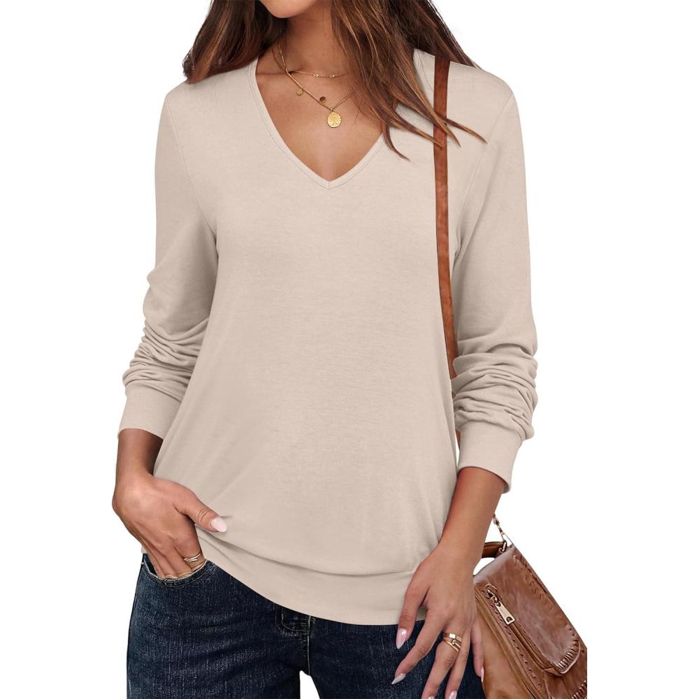 imageANRABESS Womens Long Sleeve Shirts Casual Loose V Neck Basic Tees Tops 2025 Fall TShirt OutfitsLight Khaki