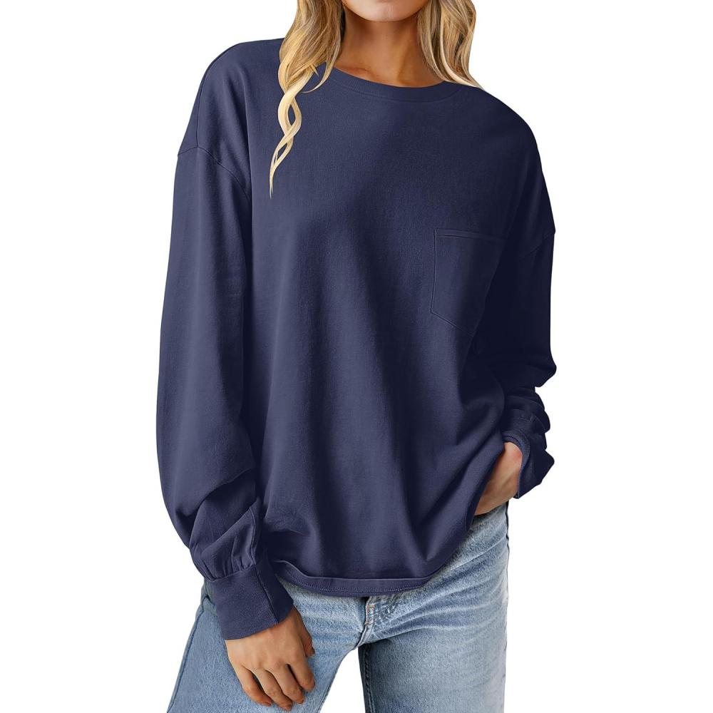 imageANRABESS Womens Long Sleeve Shirts Crewneck Oversized Tops Casual 2025 Fall Trendy TShirts Tee Blouse with Pockets ClothesNavy Blue
