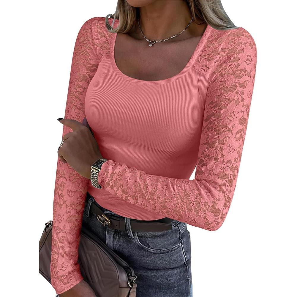 imageANRABESS Womens Long Sleeve Shirts Scoop Neck Lace Going Out Tops Slim Fit Rib Knit Casual Blouses 2025 Fall Fashion OutfitsCoral Pink