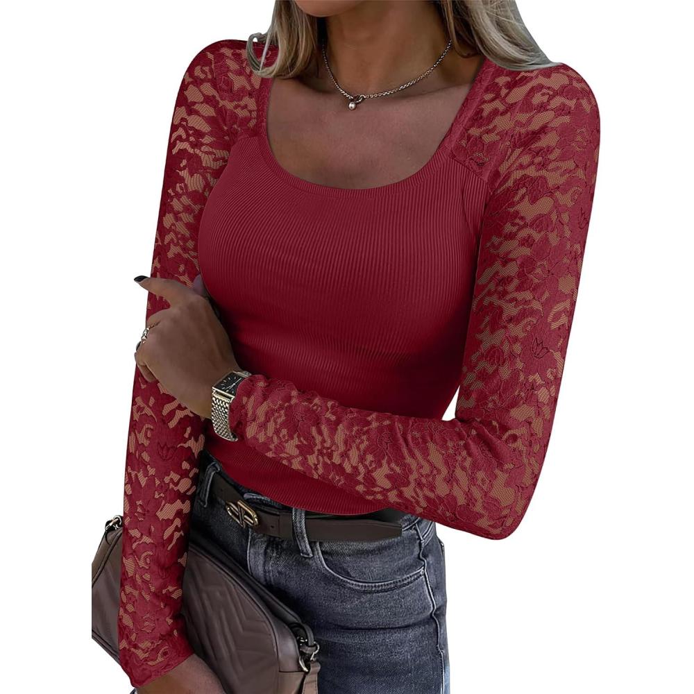 imageANRABESS Womens Long Sleeve Shirts Scoop Neck Lace Going Out Tops Slim Fit Rib Knit Casual Blouses 2025 Fall Fashion OutfitsDeep Red