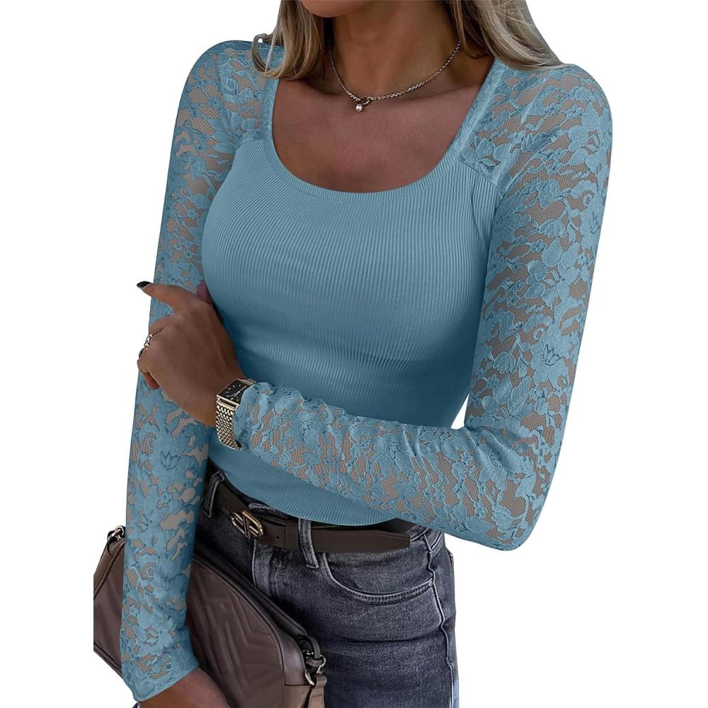 imageANRABESS Womens Long Sleeve Shirts Scoop Neck Lace Going Out Tops Slim Fit Rib Knit Casual Blouses 2025 Fall Fashion OutfitsGrey Blue