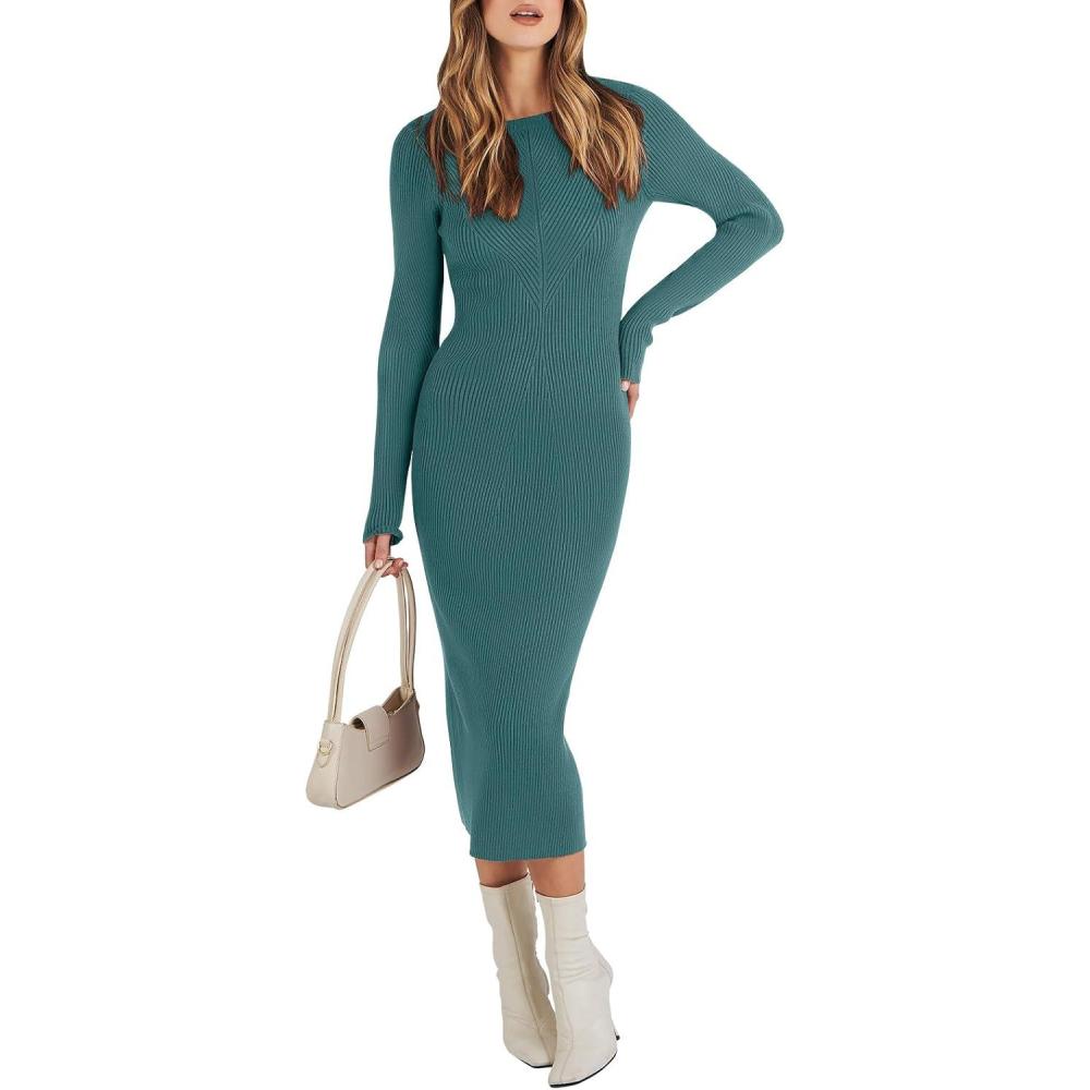 imageANRABESS Womens Long Sleeve Sweater Dress 2025 Fall Crewneck Bodycon Stretch Ribbed Knit Slim Fit Midi Dresses Trendy OutfitsGreen Blue