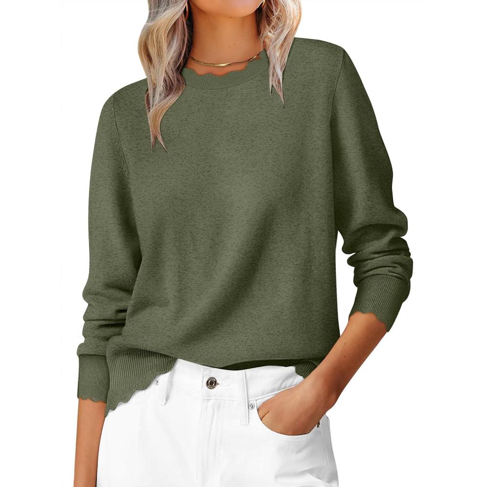 imageANRABESS Womens Long Sleeve Sweaters Loose Fit Lightweight Scalloped Knit Soft Dressy Pullover Tops 2025 Fall Casual OutfitsArmy Green