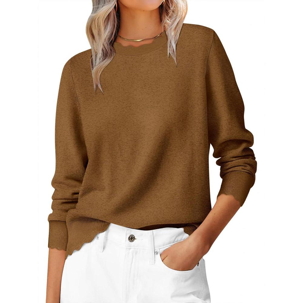 imageANRABESS Womens Long Sleeve Sweaters Loose Fit Lightweight Scalloped Knit Soft Dressy Pullover Tops 2025 Fall Casual OutfitsCaramel